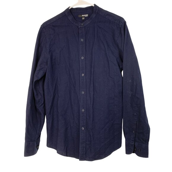 Murano Mens Navy Band Collar Slim Fit Shirt M Cotton Texture LS Button 8886 - Picture 2 of 8